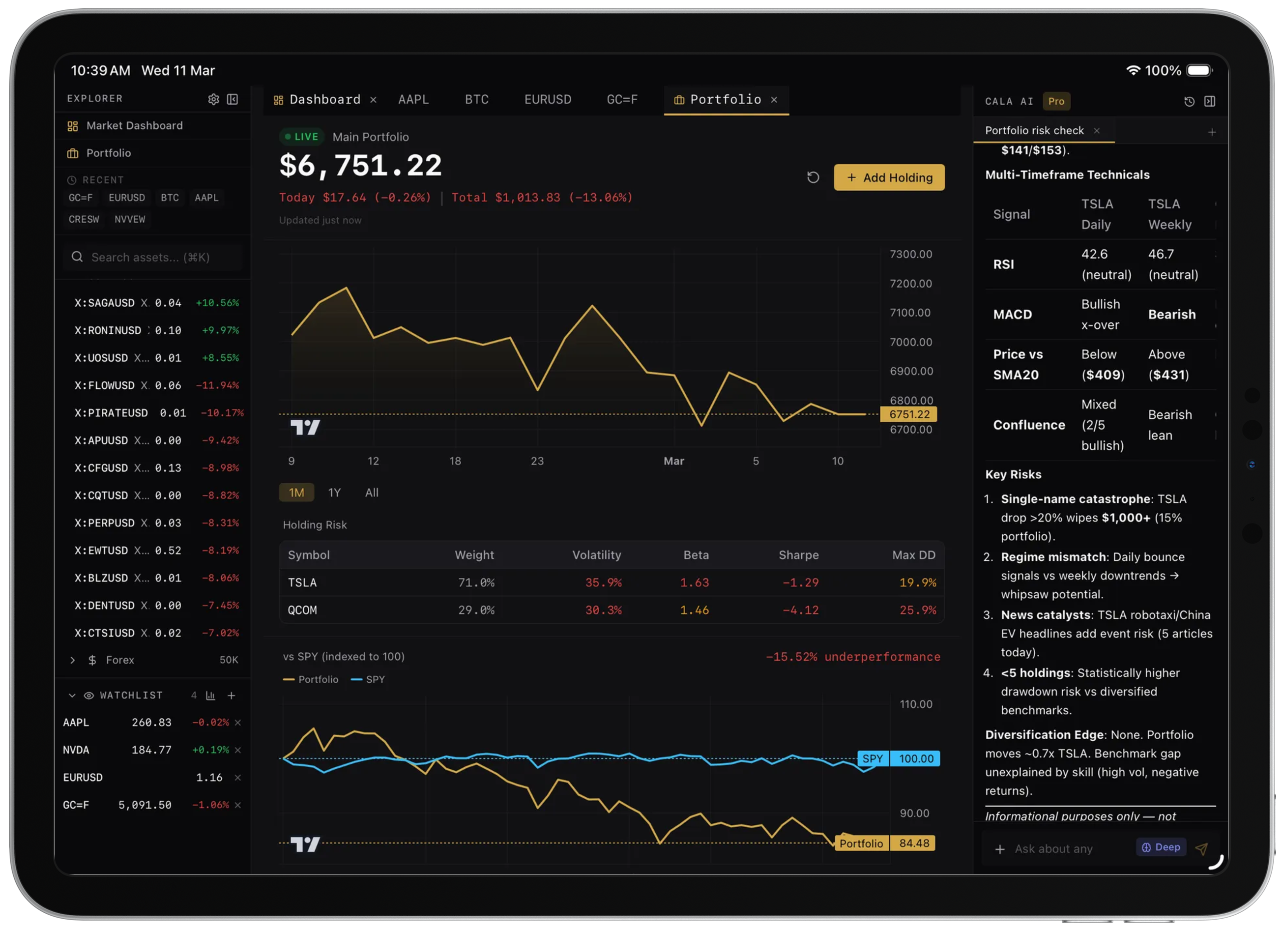 Portfolio risk metrics panel showing Sharpe ratio, Sortino ratio, max drawdown, benchmark comparison chart, and sector allocation inside an iPad Pro